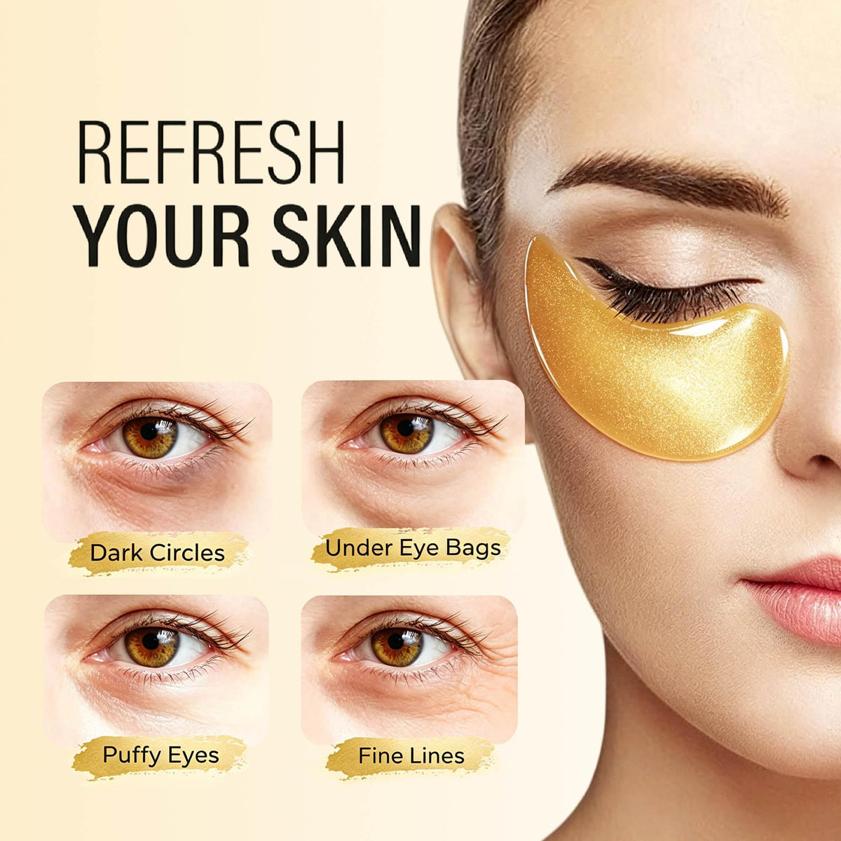 Gold collagen eye patch comparison graphic for dark circles, under-eye bags, puffy eyes and fine lines