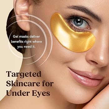 Gold-tone hydrogel eye patch applied under the eye, targeted under-eye skincare