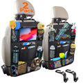Two black waterproof car seat back storage organizers (2-pack) with pockets and tablet holder