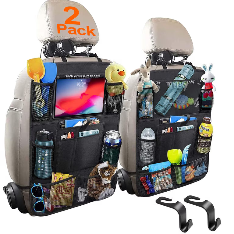 Two black waterproof car seat back storage organizers (2-pack) with pockets and tablet holder