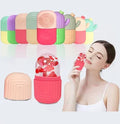 Silicone ice face roller in pink with reusable cooling mold, used for facial massage to reduce puffiness
